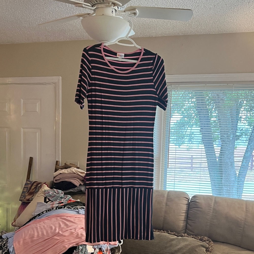 LuLaRoe Blue and Pink Striped Midi Dress